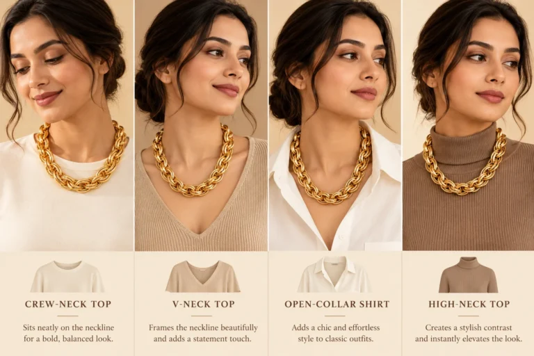 Comparison of a braided gold chain necklace styled with crew-neck, V-neck, open-collar and high-neck outfits to illustrate necklace placement and neckline proportions.
