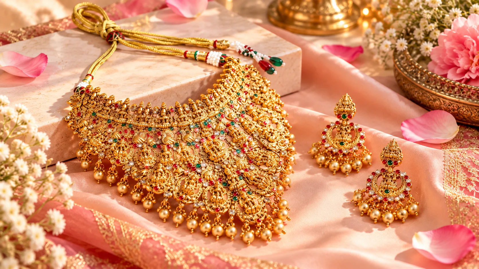 Bridal temple jewellery set with Lakshmi motif, red and green stones and matching earrings styled for a wedding look
