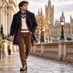 British winter prep outfits for men featuring a navy peacoat, cream cricket sweater, tartan scarf, brown corduroy trousers and dark-brown Chelsea boots.