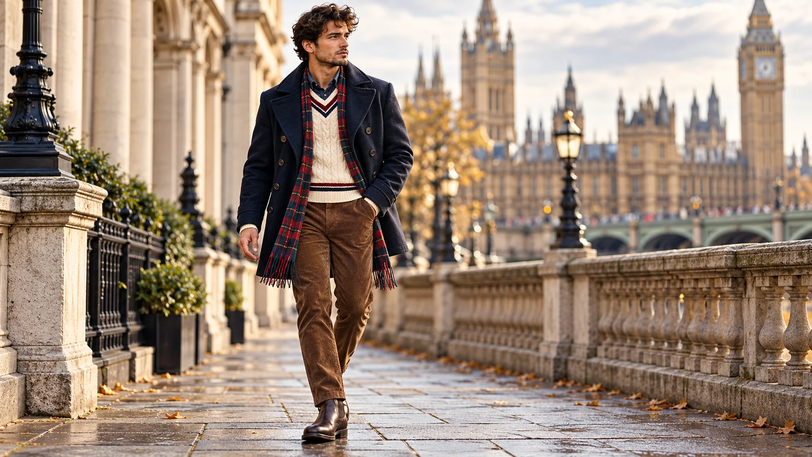 British winter prep outfits for men featuring a navy peacoat, cream cricket sweater, tartan scarf, brown corduroy trousers and dark-brown Chelsea boots.