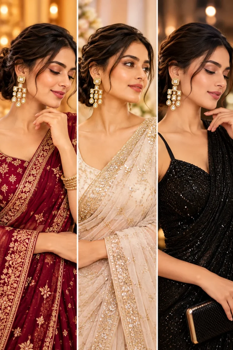 Three ways to style gold-tone chandelier earrings with a burgundy festive outfit, a cream wedding guest look and a black evening outfit.