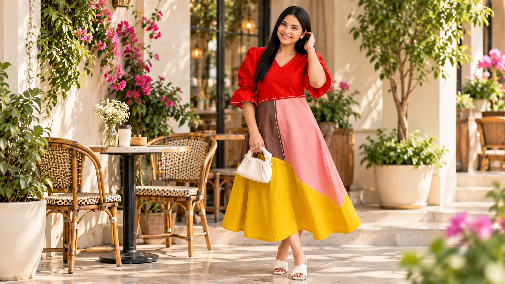 Colour block dress styling with a red puff-sleeve bodice, pink and brown panels, mustard-yellow hem, cream handbag and light sandals.