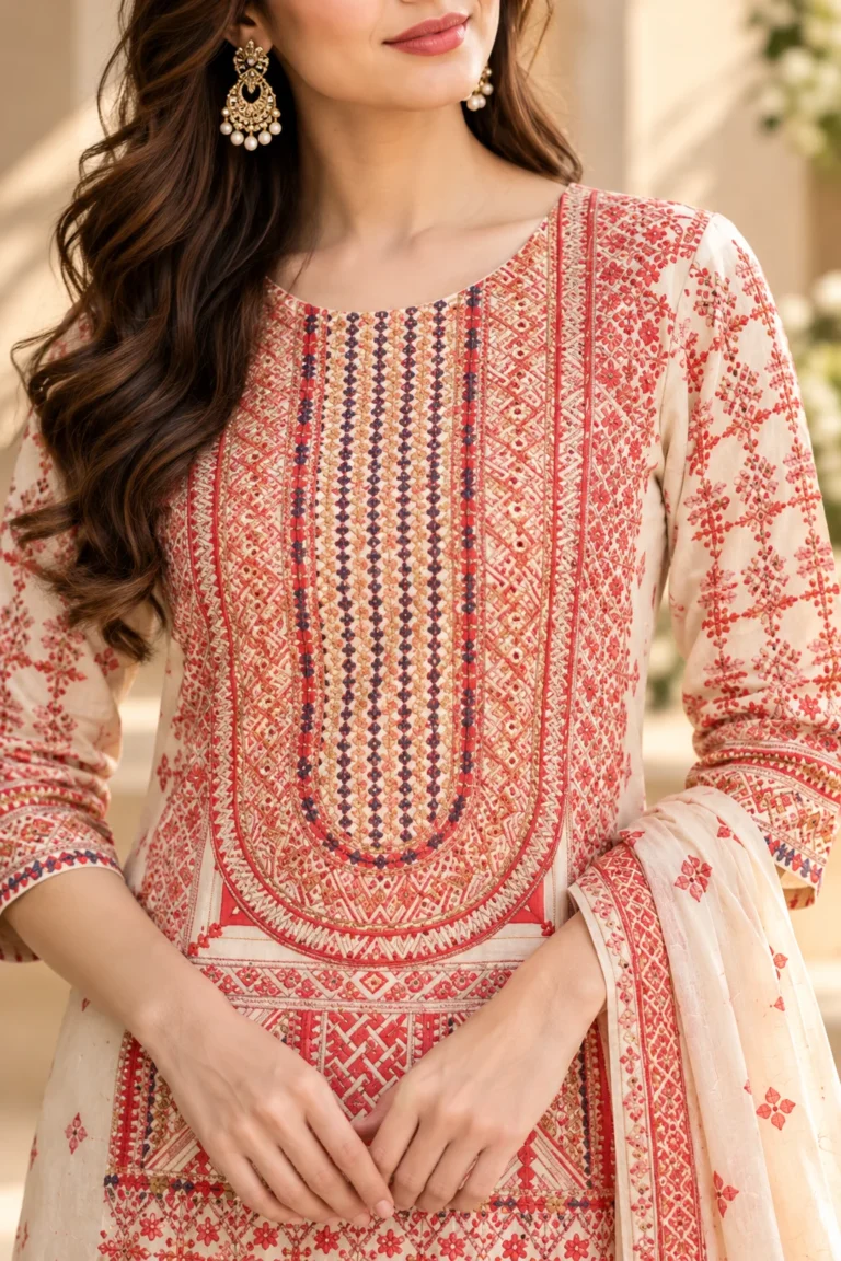 Close-up of coral-red floral and geometric embroidery on an ivory kurta, showing the contrast between the decorative motifs and light-coloured base.