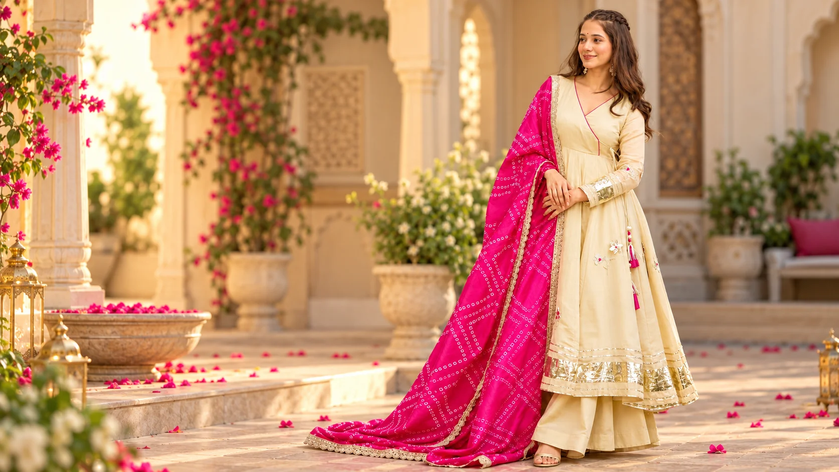 Cream Anarkali suit styled with a vibrant pink Bandhani-style dupatta, gold-toned borders and coordinated festive accessories.