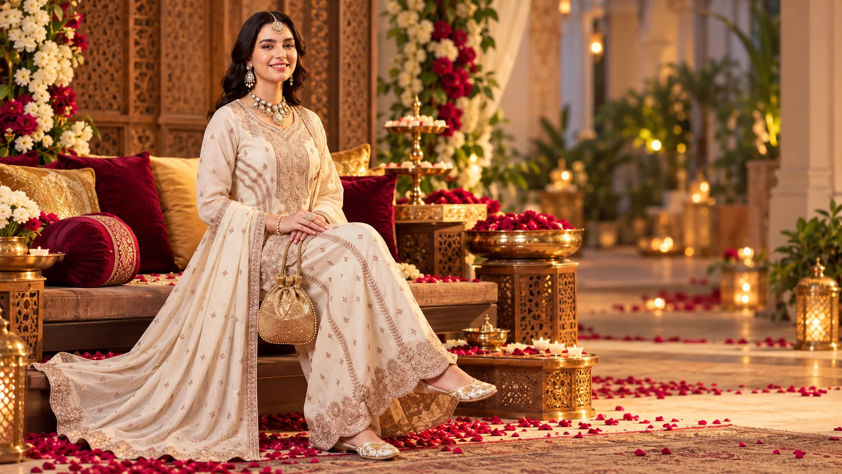 Woman wearing a cream embroidered kurta set with a flowing dupatta, statement Jewellery, embellished potli and festive footwear, styled for an elegant Indian festive occasion.
