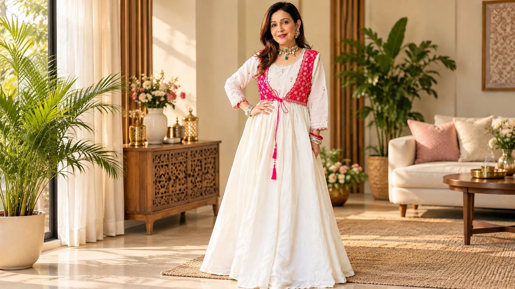 Cream and pink Anarkali-style kurta set with embroidered pink detailing, flowing cream silhouette, traditional Jewellery and festive styling
