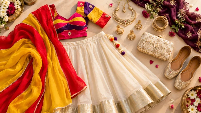 Cream and red Indian festive outfit colour palette with warm metallic jewellery, ivory accessories and deep plum accents arranged for balanced wedding guest styling