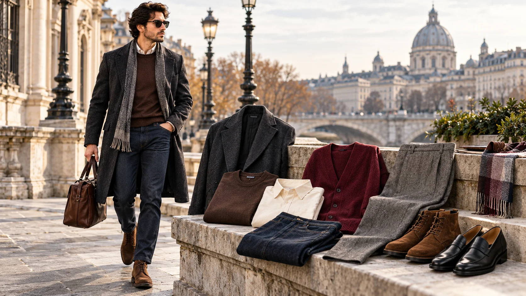 European winter capsule wardrobe for men featuring a charcoal overcoat, chocolate jumper, cream Oxford shirt, burgundy cardigan, dark jeans, grey trousers, brown boots and black loafers.