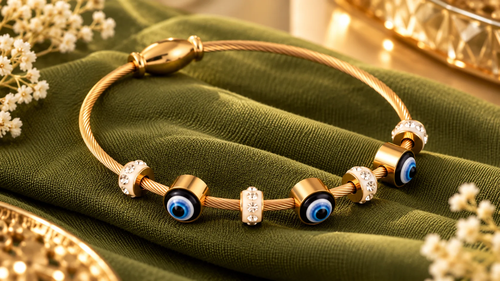 Gold-tone blue evil eye bracelet styled on olive-green fabric for an elegant everyday jewellery look.