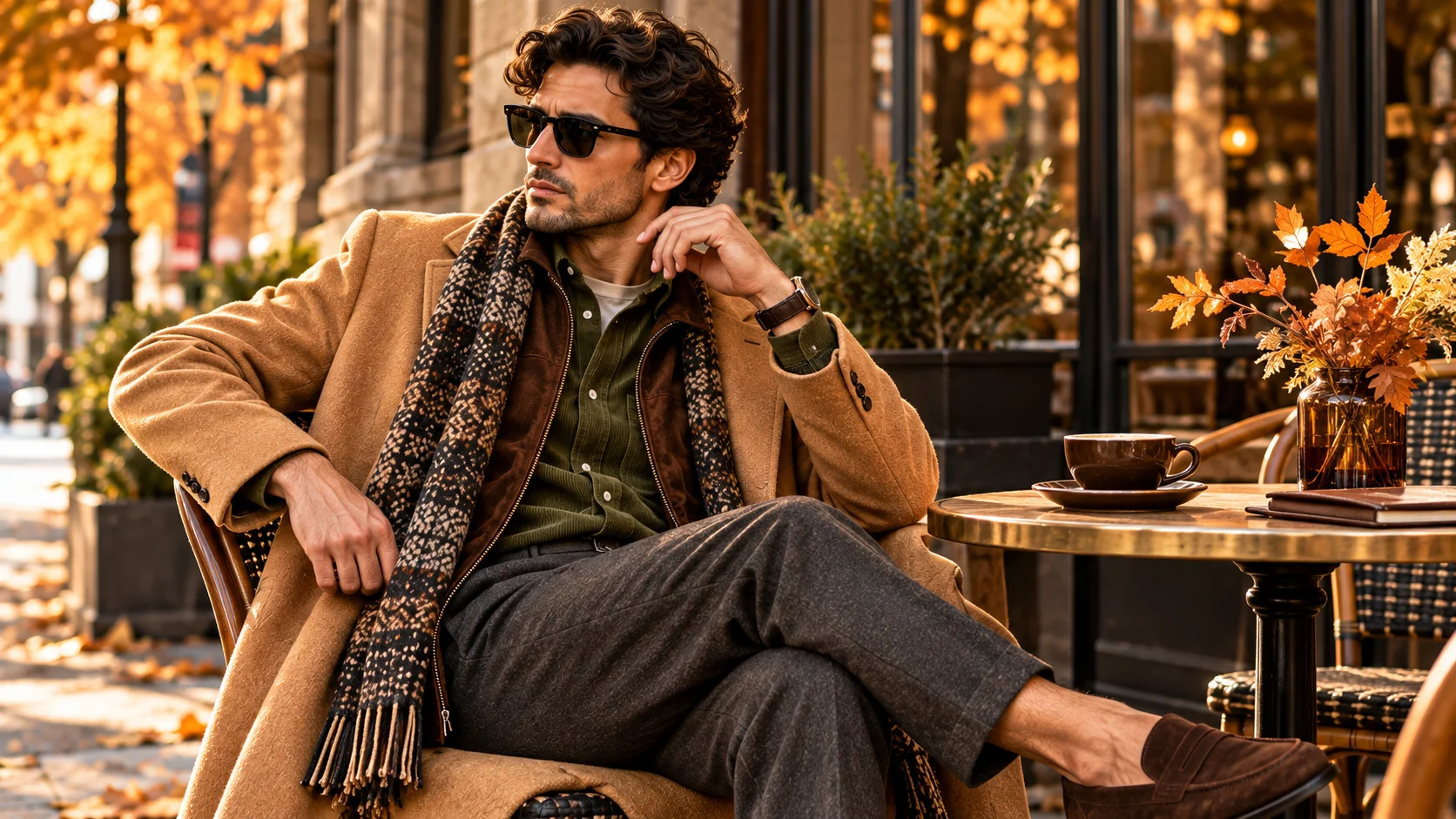 Fall texture styling for men with camel outerwear, brown suede, olive corduroy, charcoal knitwear and autumn layering.