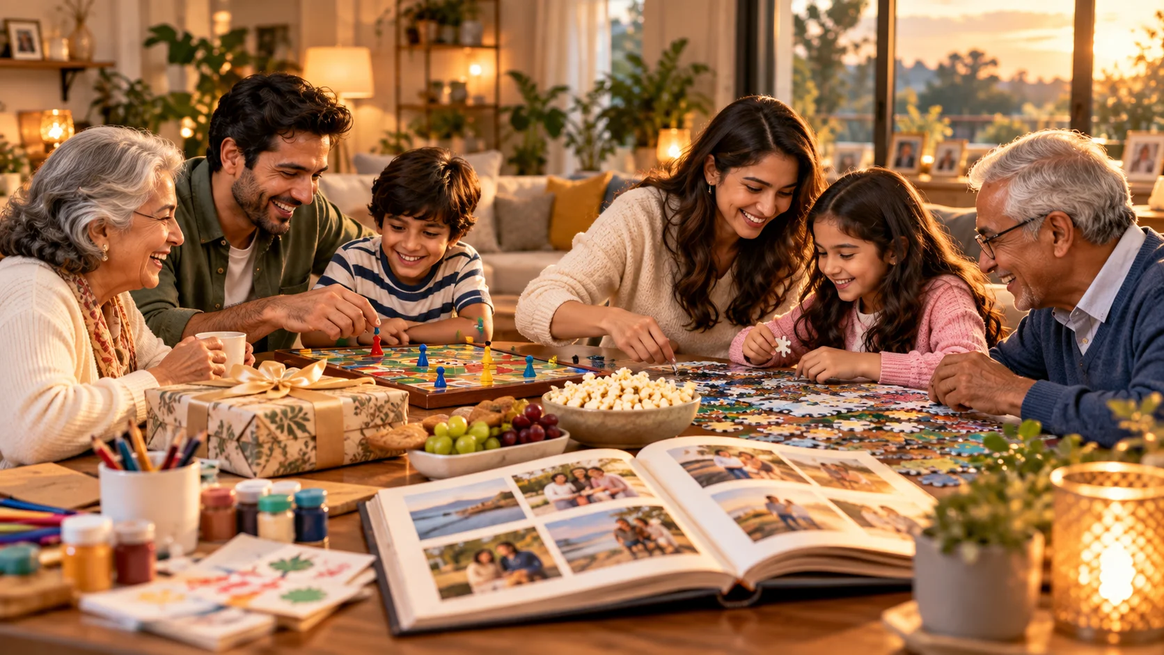 Family enjoying shared family gift ideas including games, creative activities and a personalised keepsake at home
