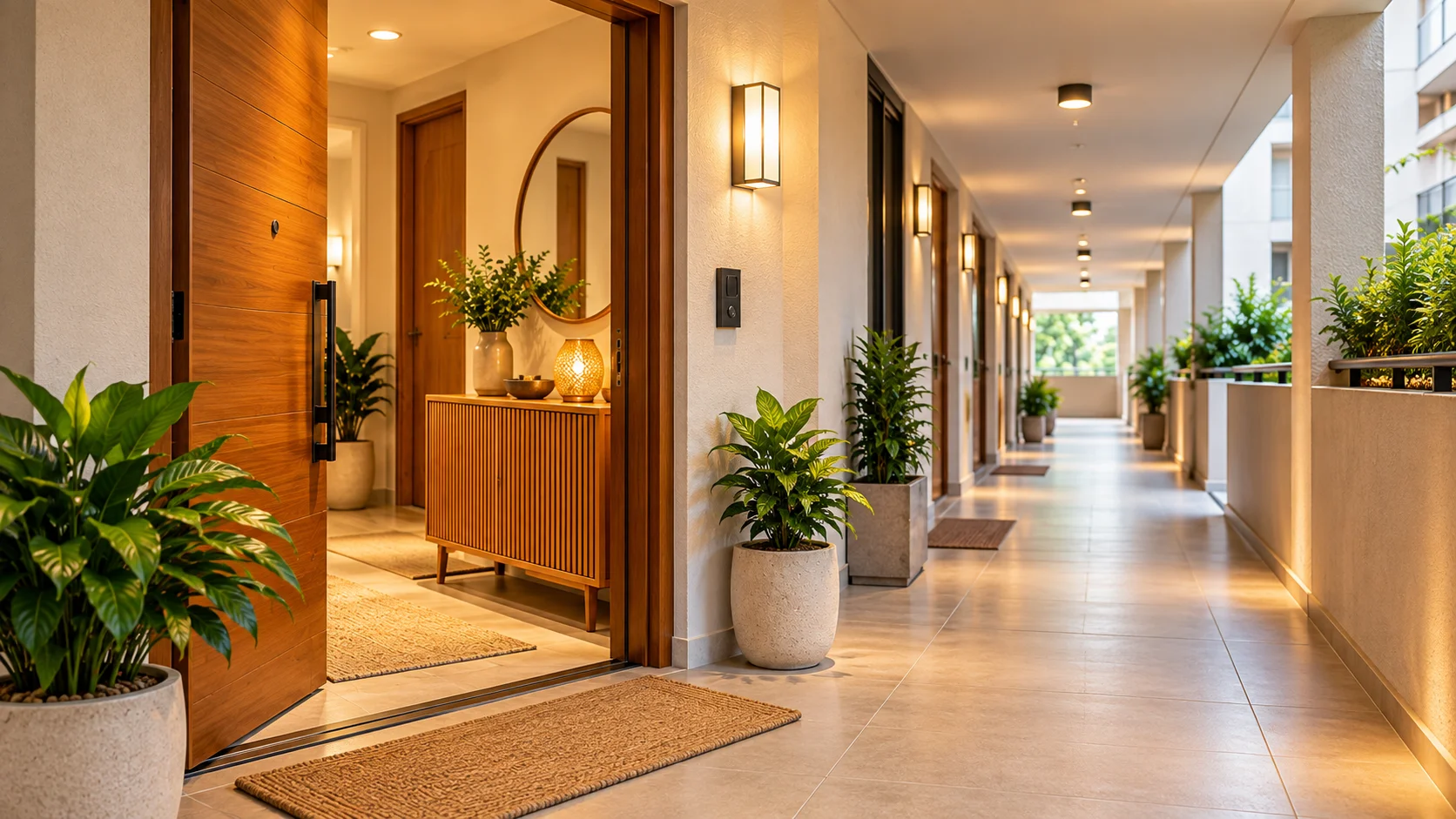 Feng Shui apartment entrance with warm wood door, soft lighting, greenery and a calm shared corridor