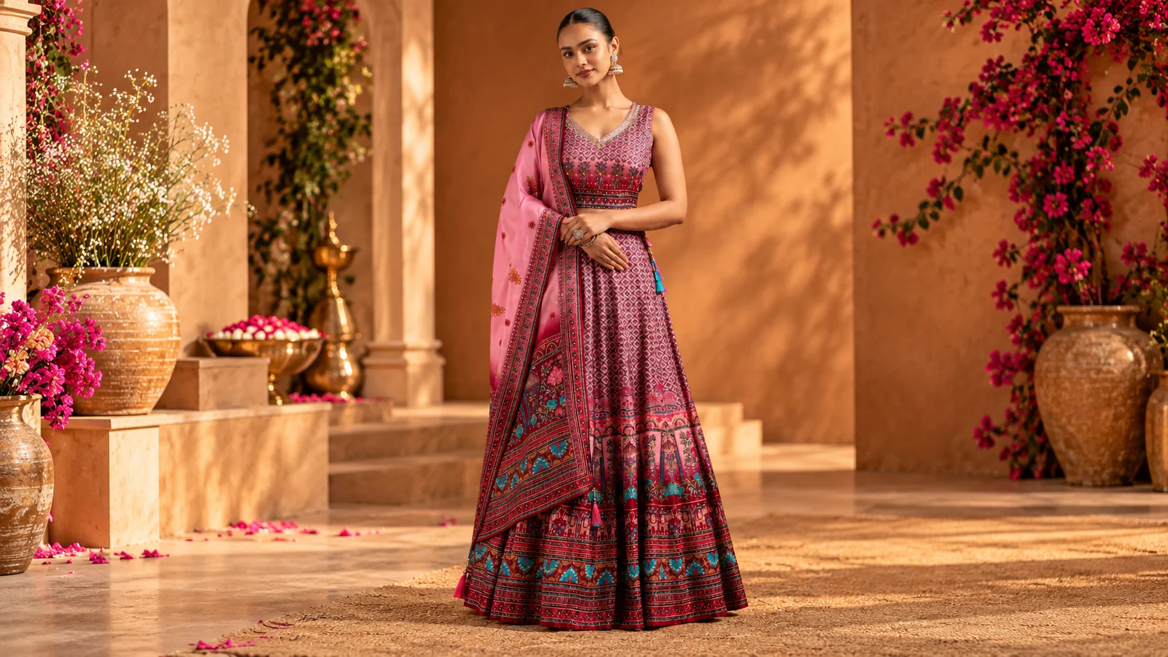 Festive Indian outfit styling featuring a pink printed Anarkali with a matching dupatta and traditional jewellery.