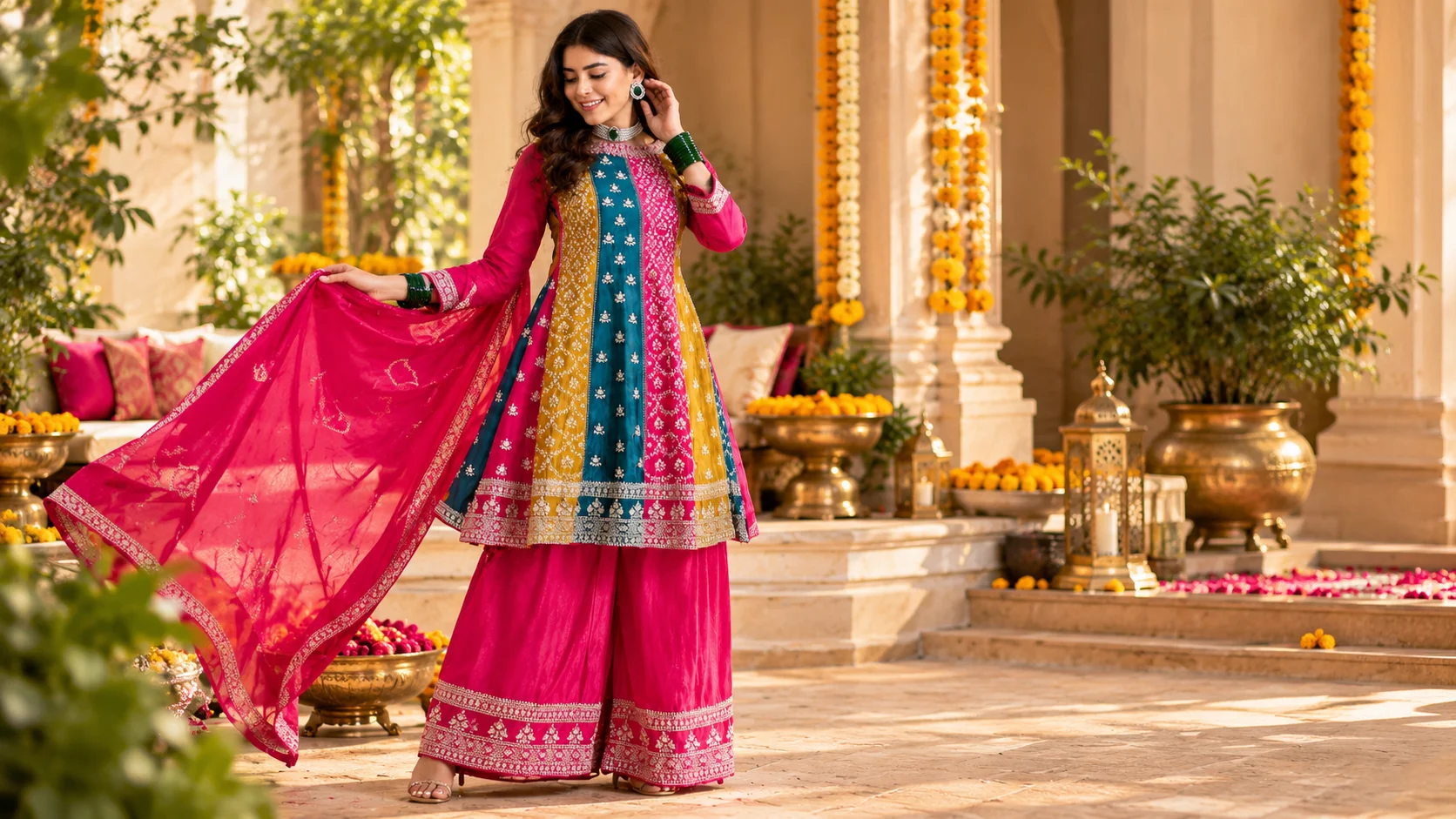 Festive kurta set styling featuring a colourful embroidered magenta, teal and mustard outfit, a flowing dupatta and coordinated jewellery in a warm festive setting.