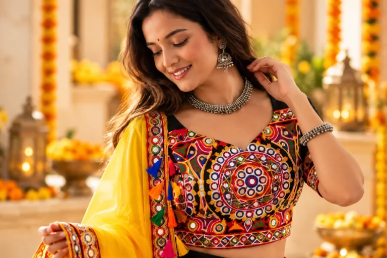 Festive lehenga styling close-up showing a detailed multicolour blouse neckline, silver-toned jewellery and bright yellow dupatta arranged for a balanced traditional Indian look.
