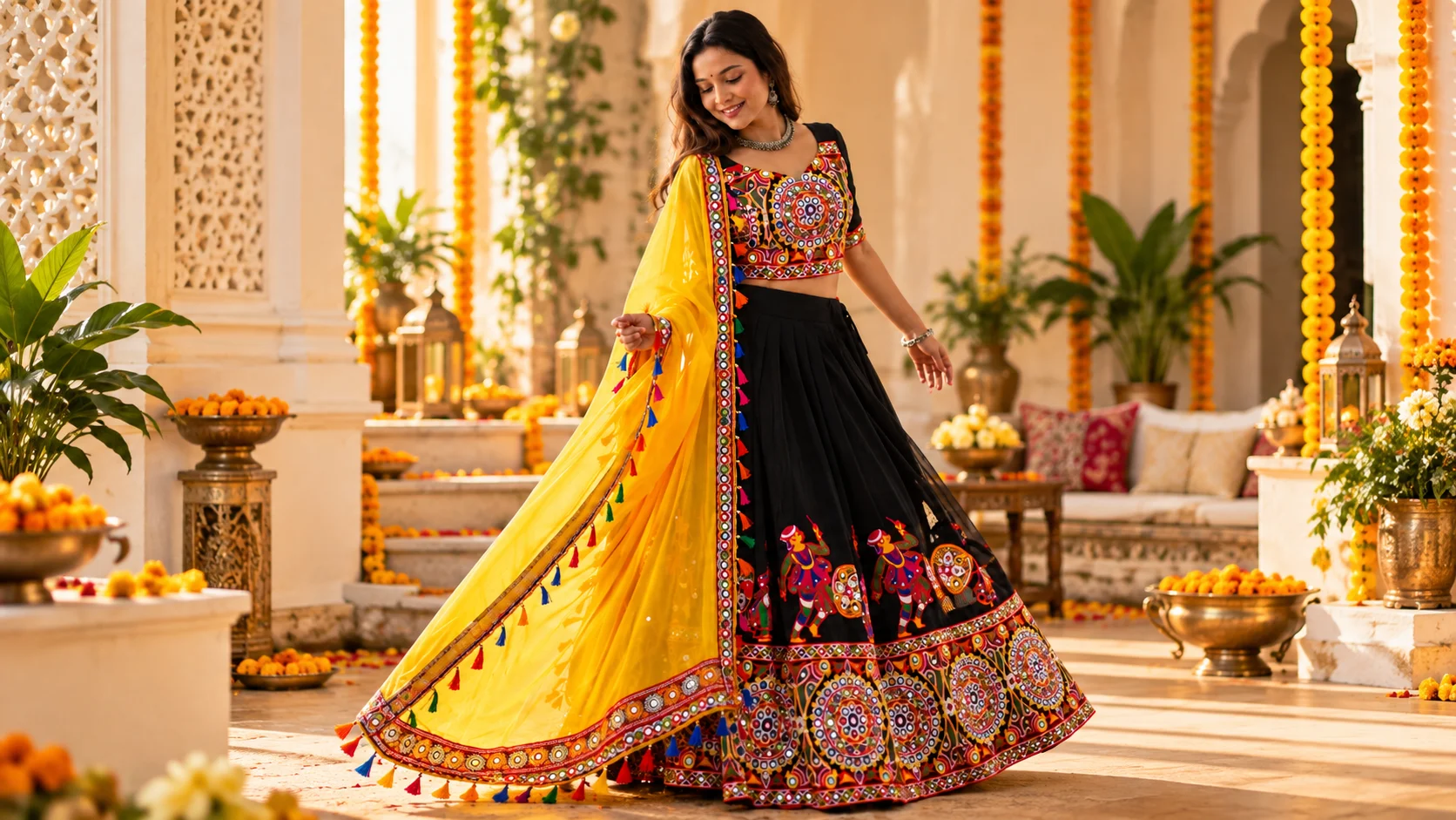 Festive lehenga styling featuring a black embroidered skirt, colourful traditional detailing, bright yellow dupatta and silver-toned jewellery for an elegant Indian celebration look.