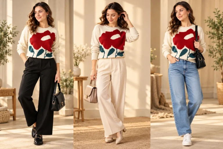 Three styling options for a cream floral knit jumper showing black trousers, cream-beige trousers and blue denim, demonstrating how neutral bottoms change the balance and mood of a women's winter outfit.