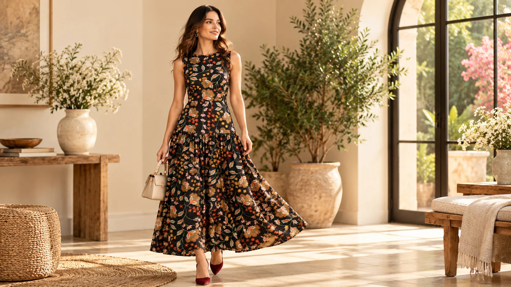 Floral maxi dress with a black base and colourful botanical print styled in a warm neutral editorial setting with burgundy heels.