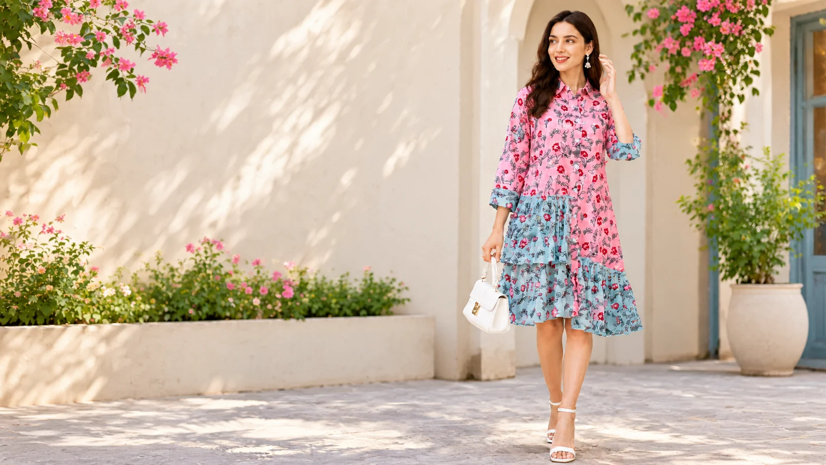 Pink floral shirt dress outfit styled with white strappy sandals, a structured white handbag and delicate drop earrings in a bright garden courtyard.