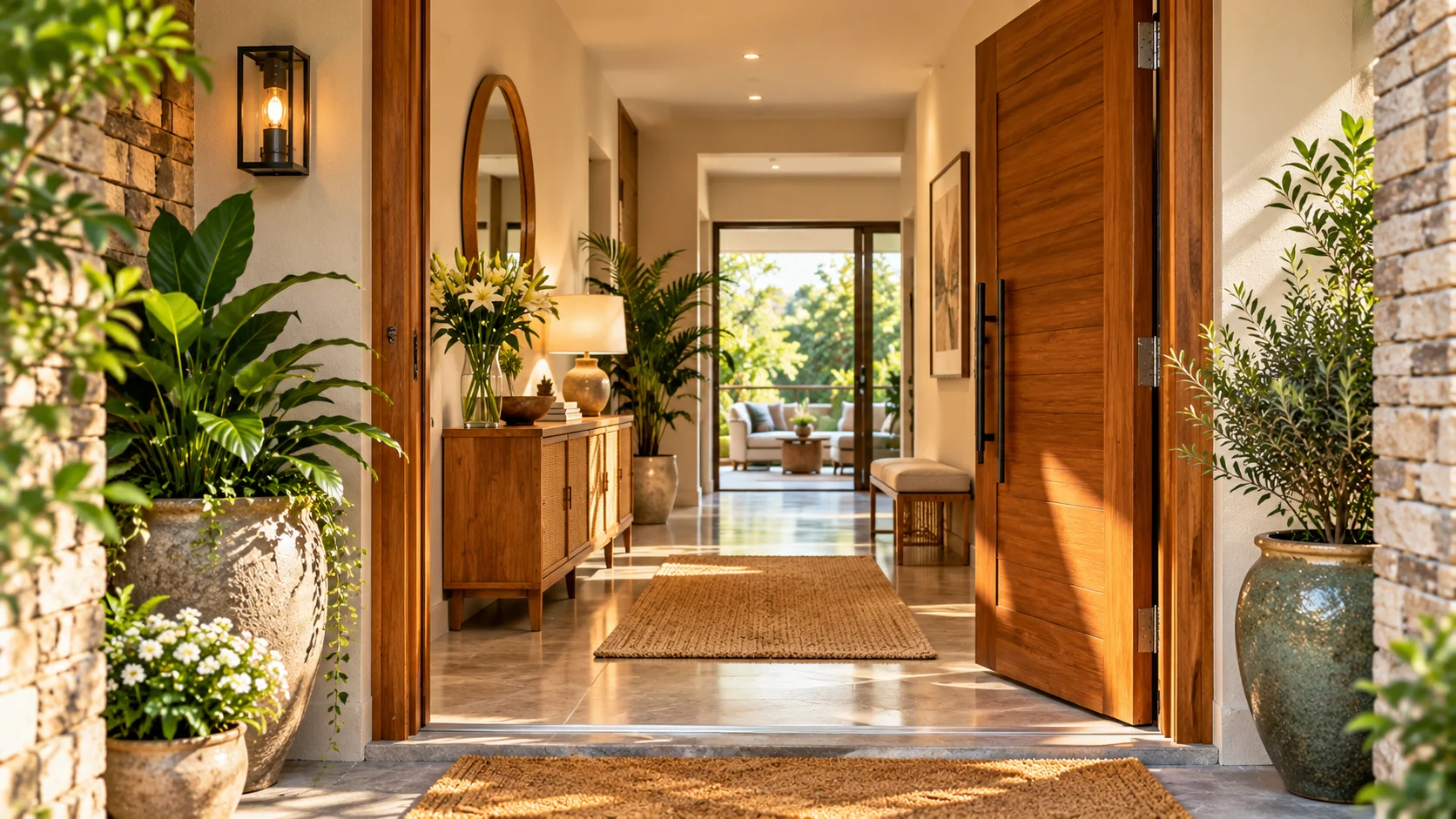 Front door Feng Shui-inspired modern entrance with warm wood, greenery and a welcoming foyer.
