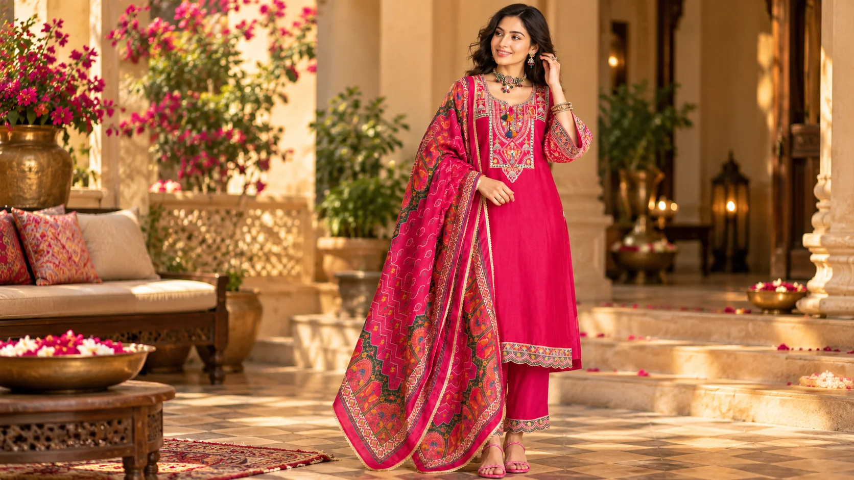 Fuchsia kurta set styling with matching trousers and a richly patterned dupatta, detailed neckline, decorative borders and festive Jewellery, styled for an elegant Indian ethnic look suitable for celebrations and special occasions.