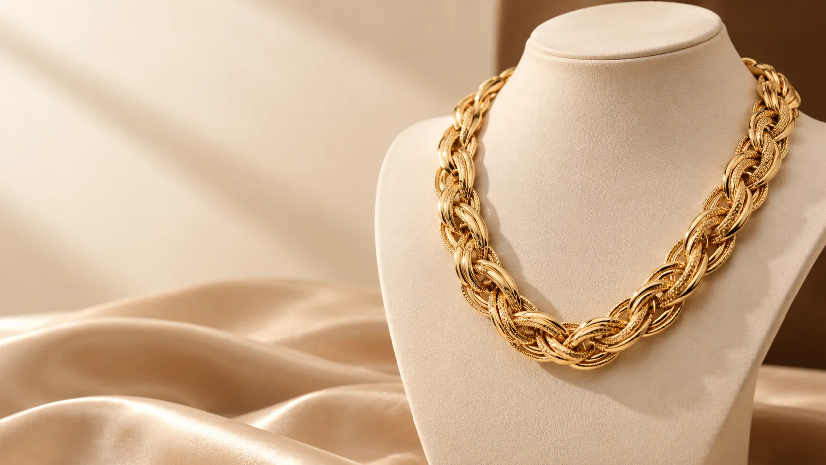 Braided gold chain necklace with textured interwoven links displayed against a warm ivory background, illustrating gold chain necklace styling for everyday and occasion outfits.
