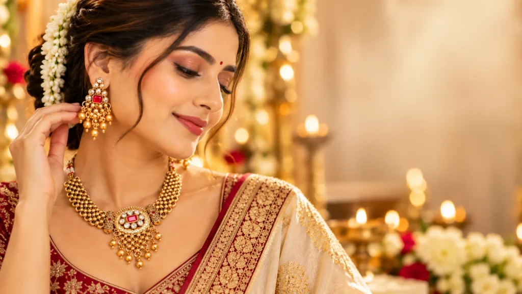 Traditional gold Kundan choker with matching earrings styled against an ivory and maroon festive Indian outfit