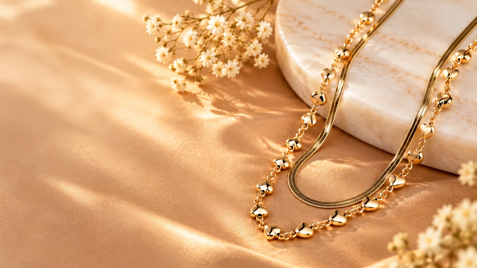 Gold layered necklace for women featuring a fine gold-tone chain and a longer heart-detail chain styled against warm beige fabric and a light marble backdrop.