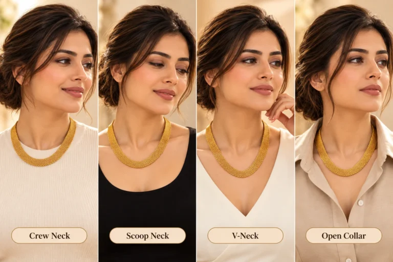 Four neckline styling examples showing a gold-tone mesh necklace with crew-neck, scoop-neck, V-neck and open-collar tops in neutral colours.