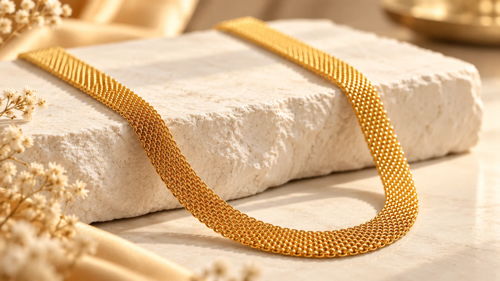 A gold-tone plated mesh necklace arranged in a curved shape on a cream stone display, with a warm ivory and champagne-beige background. Gold mesh necklace styling inspiration for neutral outfits, everyday jewellery and occasion wear.