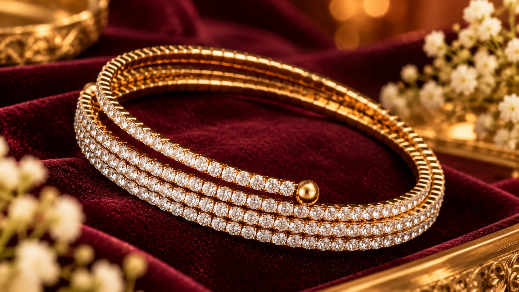 Gold-tone bracelet for women displayed in an elegant burgundy and gold Jewellery setting with sparkling multi-row detailing