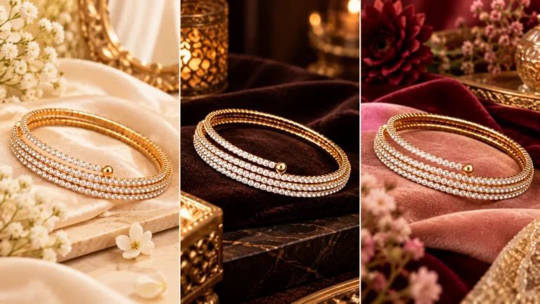 Gold-tone bracelet for women styled against ivory, deep brown and burgundy outfit colour palettes to demonstrate soft, high-contrast and warm occasion styling.