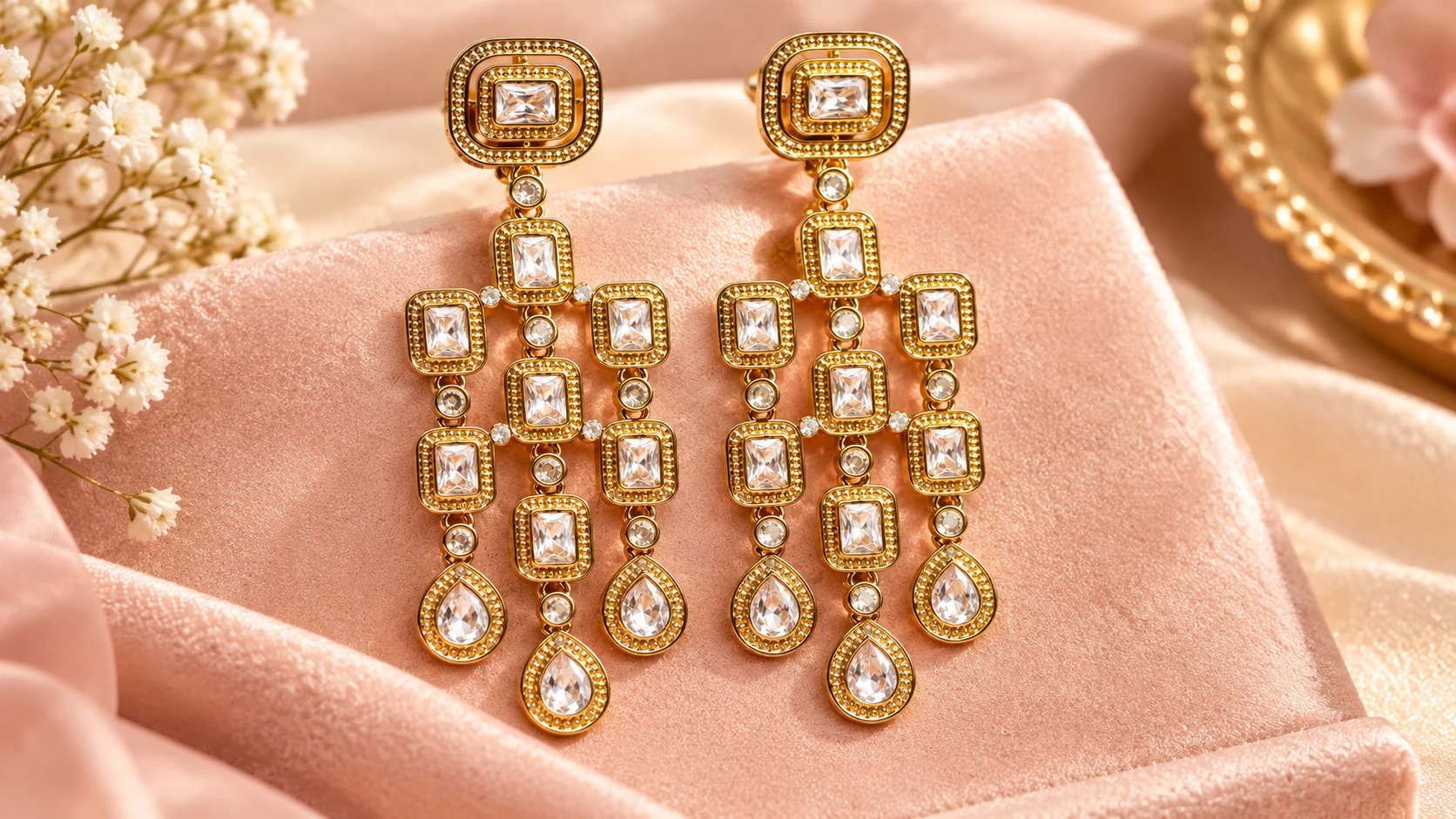 Gold-tone chandelier earrings with geometric stone-set frames and teardrop pendants displayed against blush-pink velvet.