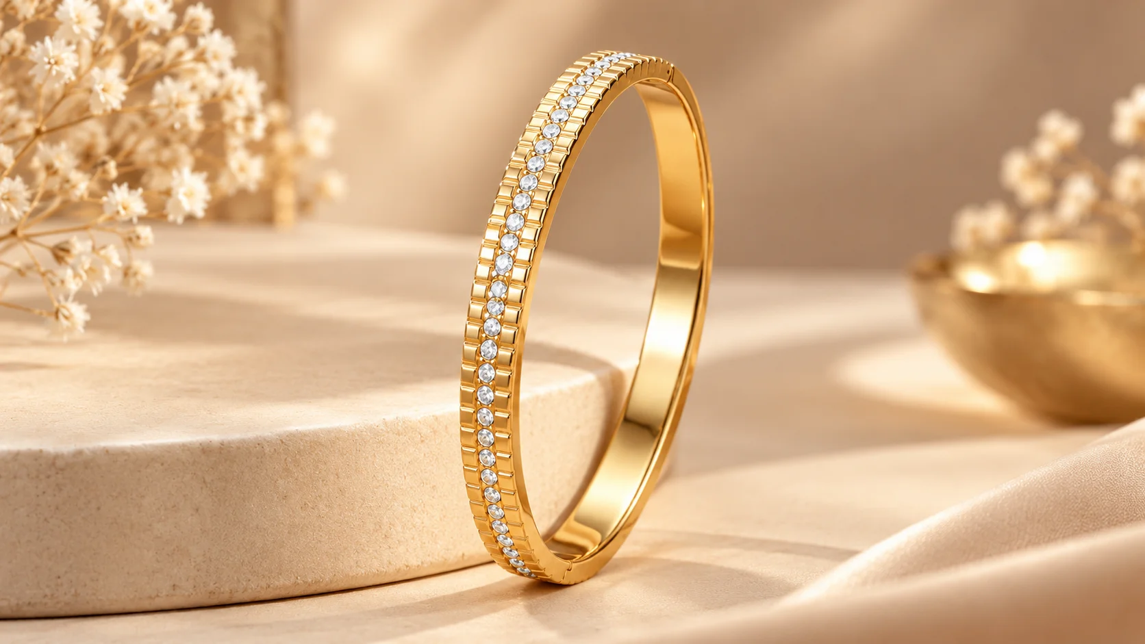 Gold-tone plated bangle with clear round decorative stones and textured gold borders displayed on champagne-beige props.