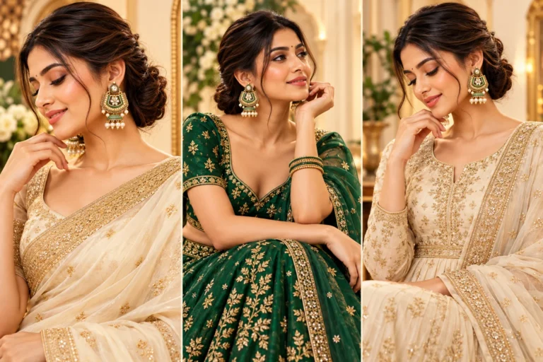 Three Indian ethnic outfit combinations featuring green meenakari-style jhumka earrings with pearl-look drops, paired with an ivory saree, green lehenga and cream Anarkali suit.