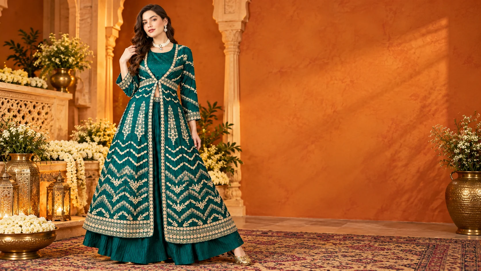 Green lehenga choli with jacket featuring gold-toned thread-work embroidery, a round-neck top and flared skirt, styled for a festive Indian wedding look.