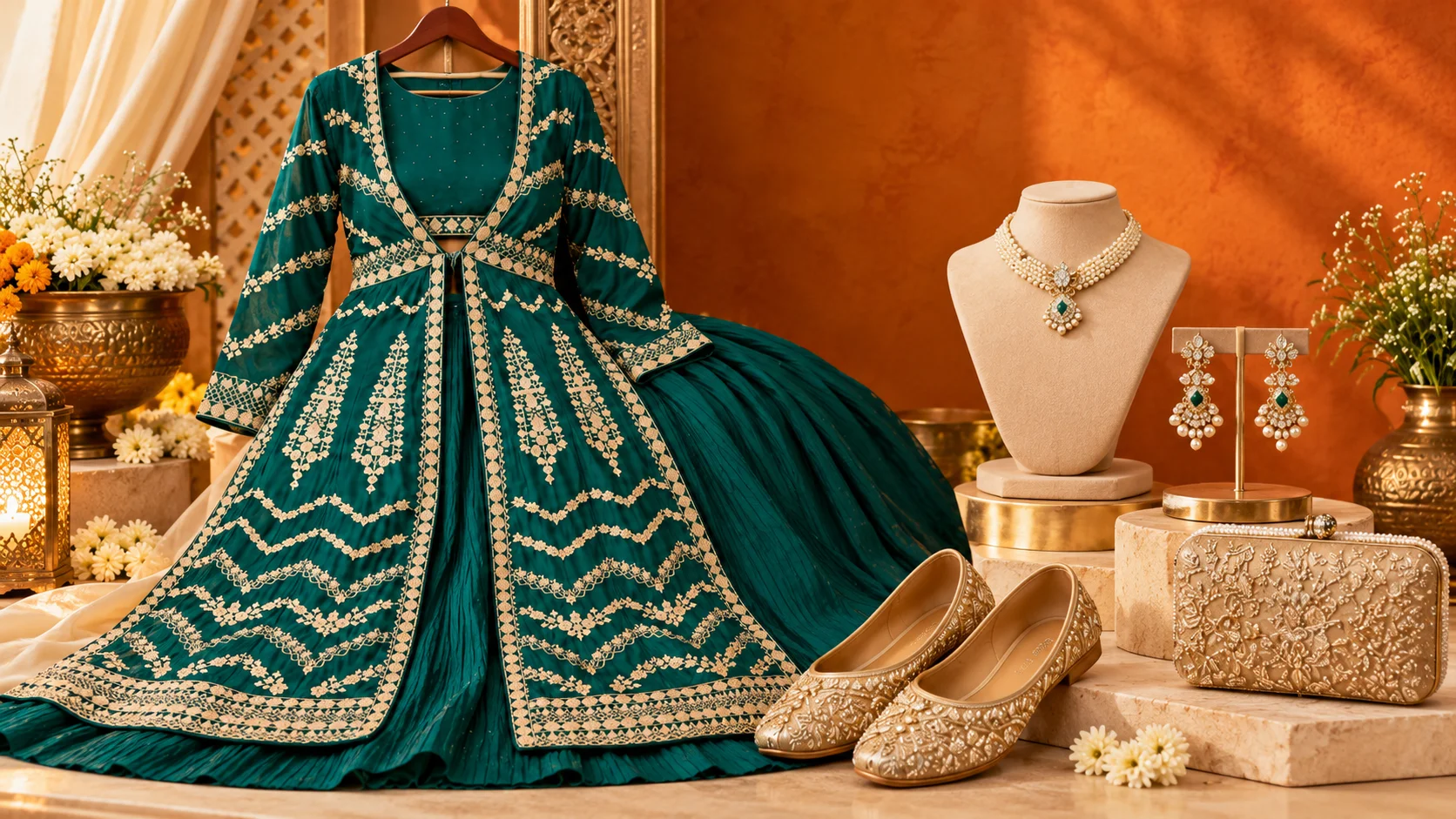 Green embroidered lehenga styling arrangement with gold-toned earrings, a simple necklace, embellished footwear and a neutral clutch arranged to complement the outfit.