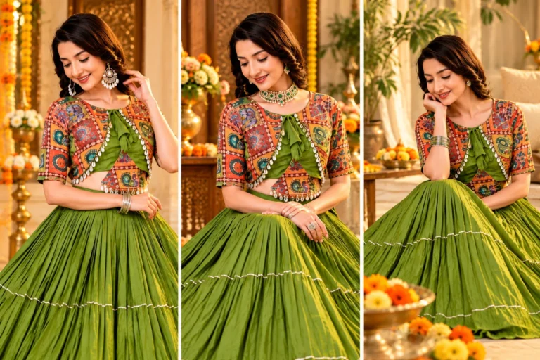 Green lehenga styling comparison showing three jewellery approaches, including statement earrings, a refined necklace and a simpler daytime accessory combination for festive occasions.
