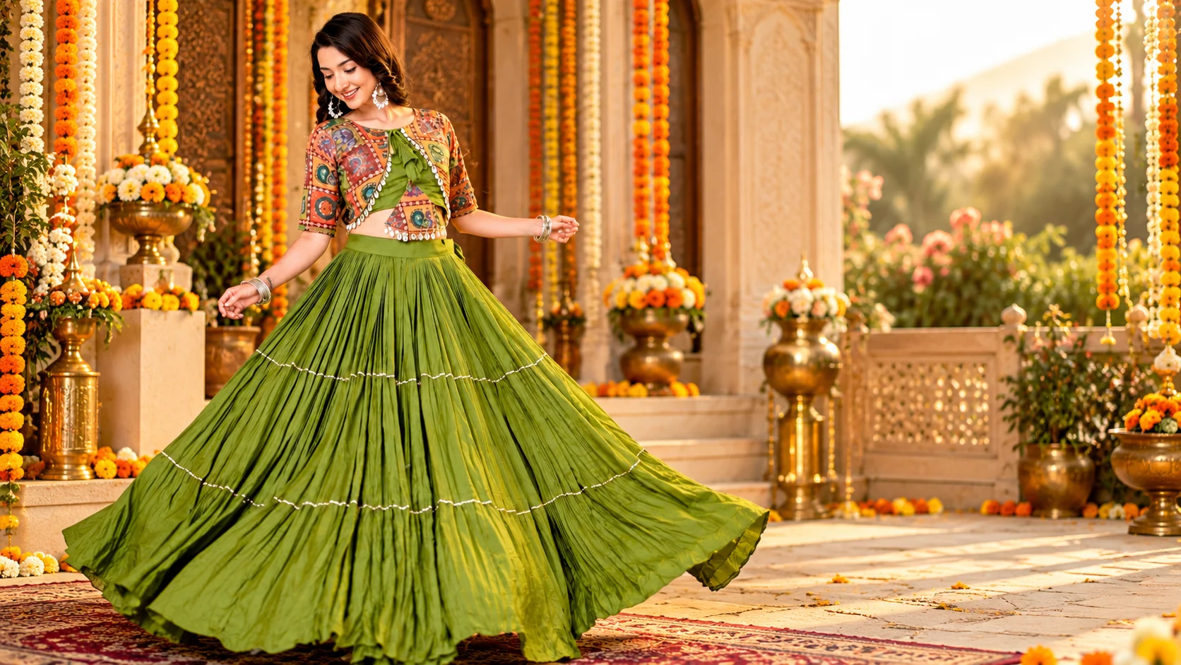 Green lehenga styling for weddings and festive occasions, showing a woman in a flowing olive-green lehenga with a colourful printed blouse, statement earrings and traditional festive styling.