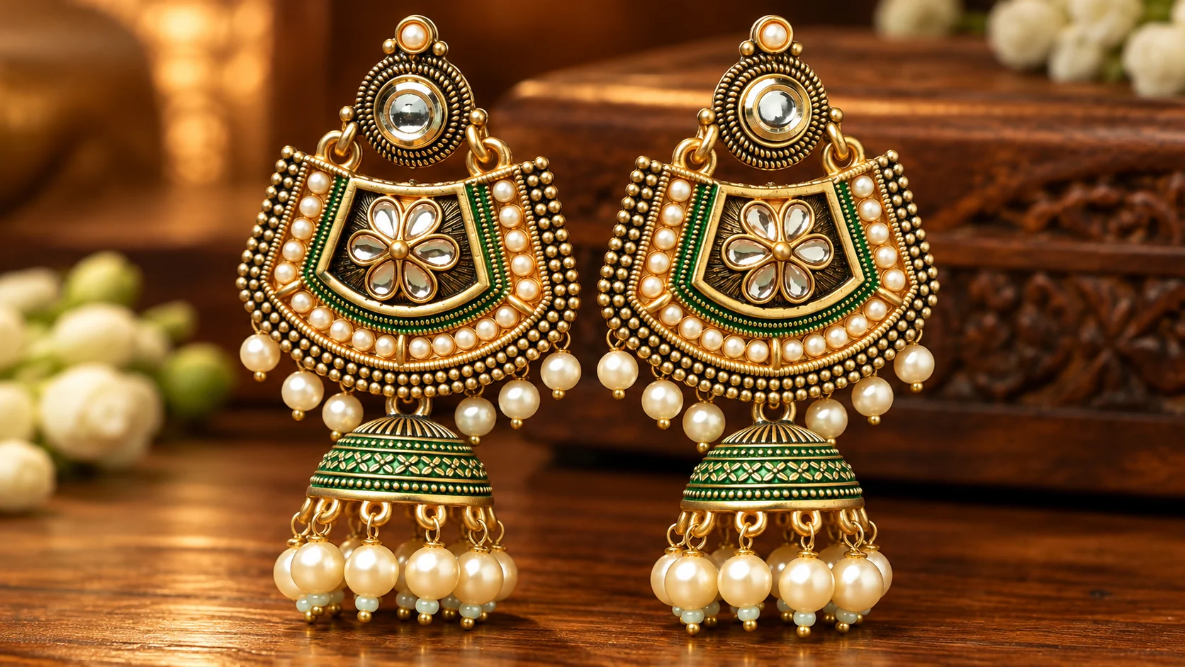 Green meenakari jhumka earrings with gold-tone floral detailing and pearl-look drops against a warm wooden background.