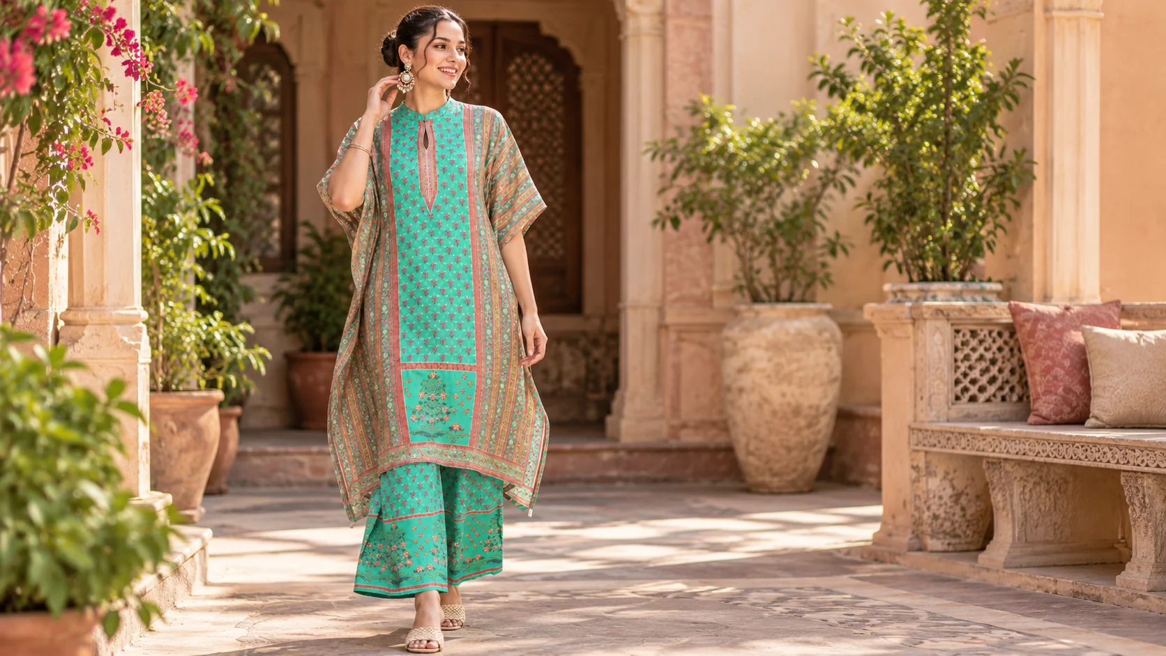 Green printed kaftan palazzo set for women styled as a coordinated ethnic outfit with decorative borders and matching wide-leg trousers.