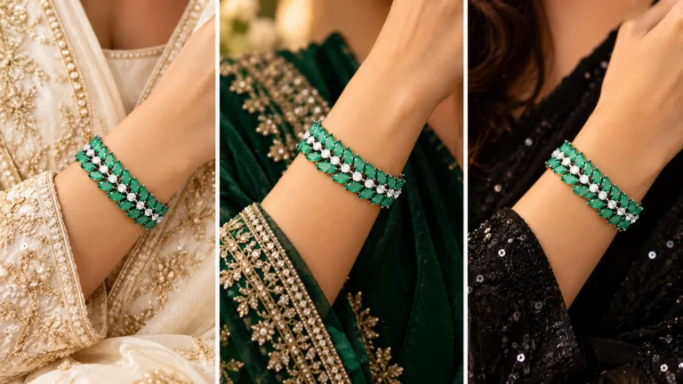 Green stone bracelet styled against ivory, deep green and black outfit colours to demonstrate complementary colour pairing