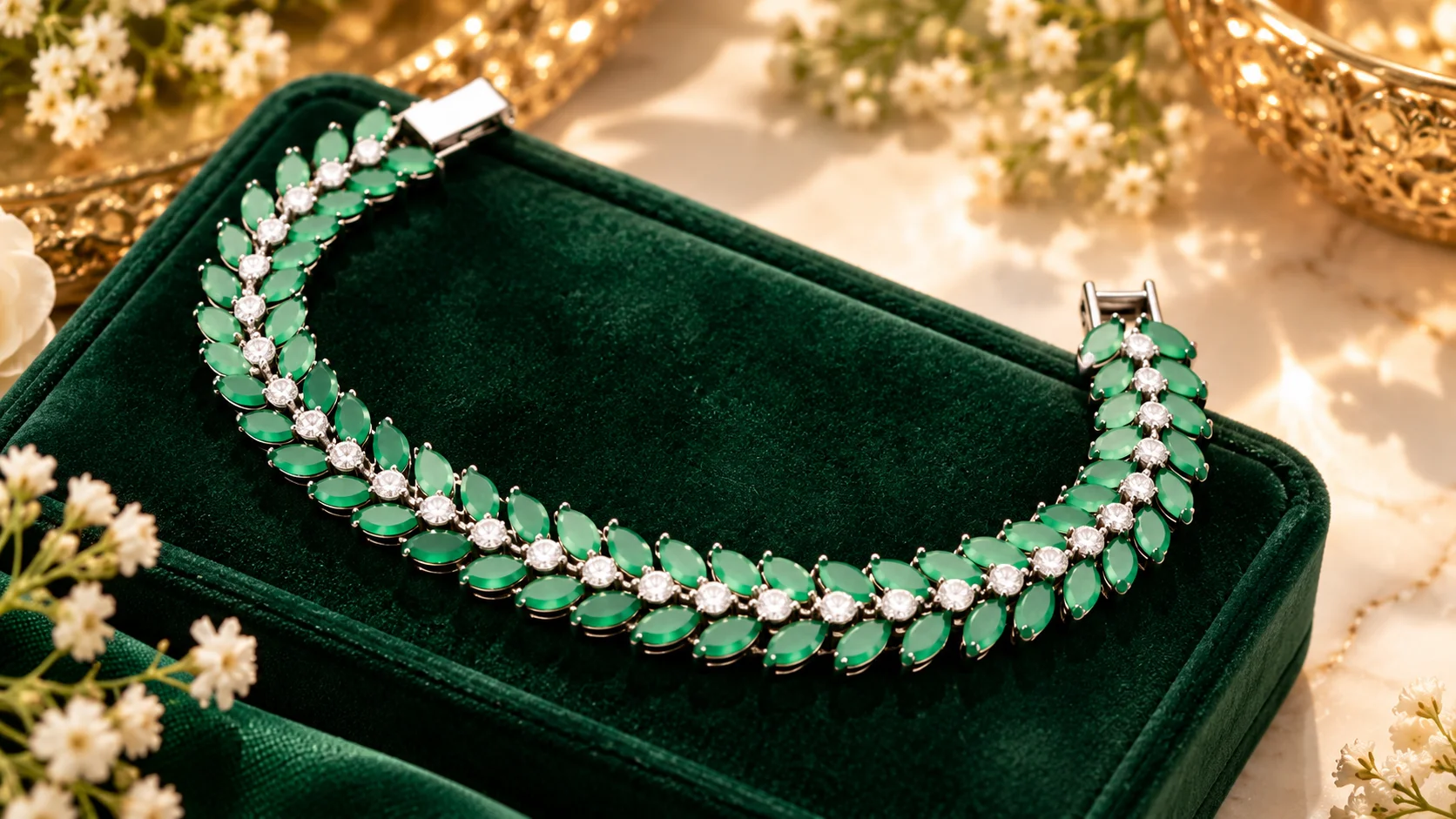 Green stone bracelet styled as an elegant statement accessory with a deep green and neutral occasion setting