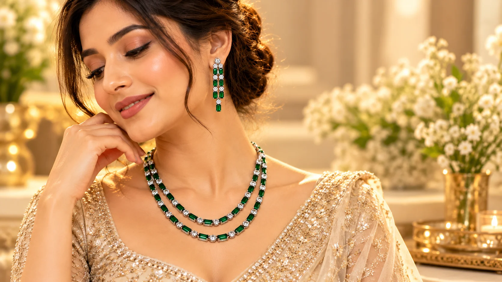 Woman wearing a green stone jewellery set with a double-strand green necklace and matching drop earrings, styled with an embellished ivory-gold occasion outfit for festive and wedding looks.