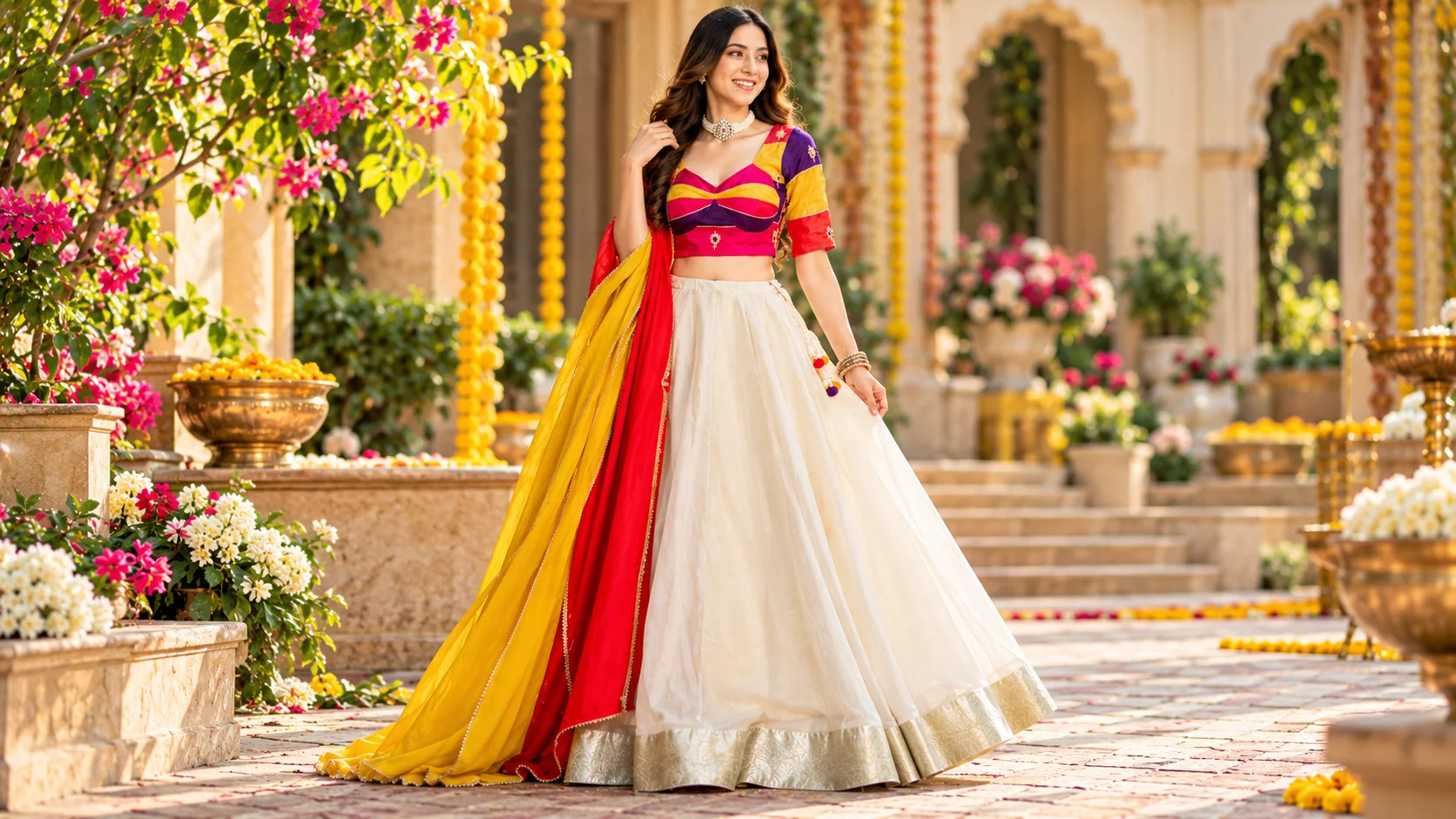 Indian festive outfit featuring a cream and red lehenga with blouse and dupatta, styled for an elegant wedding guest look
