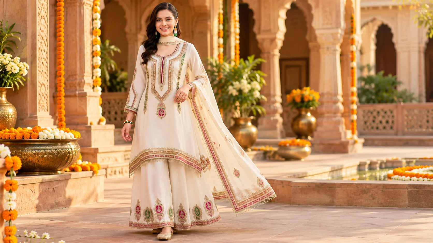 Ivory embroidered kurta set for festive occasions featuring a long detailed kurta, flowing palazzos, matching dupatta and pink, green and gold-toned embroidery, styled on a woman in a traditional courtyard with marigold decorations.