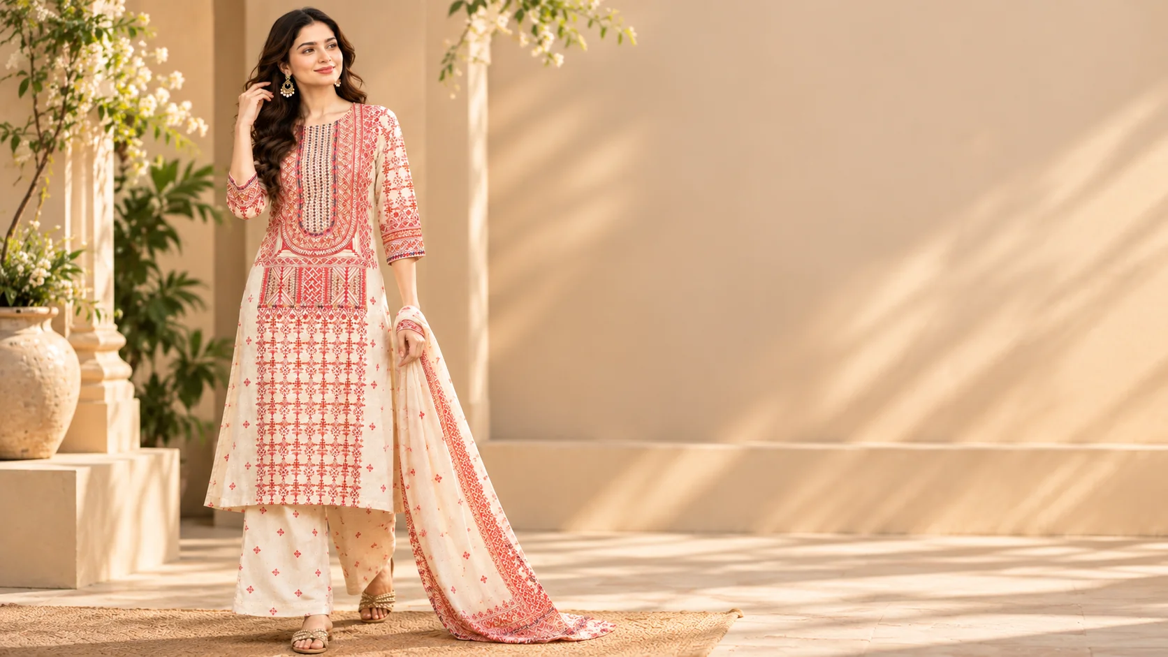 Ivory embroidered kurta set with coral-red motifs, matching wide-leg trousers and gold-toned sandals styled against a warm beige background.