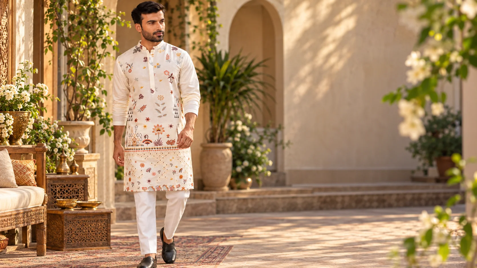 Ivory floral embroidered kurta set for men with matching pyjamas, styled with dark loafers and delicate multicoloured embroidery for an elegant festive look.
