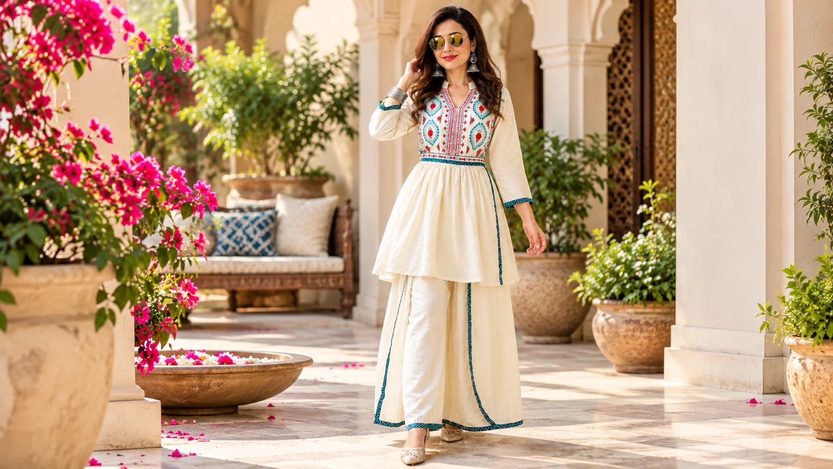 Woman wearing an ivory kurta set with coral-red and teal geometric embroidery, teal edging, wide-leg bottoms, silver jhumka earrings and embellished pointed flats.