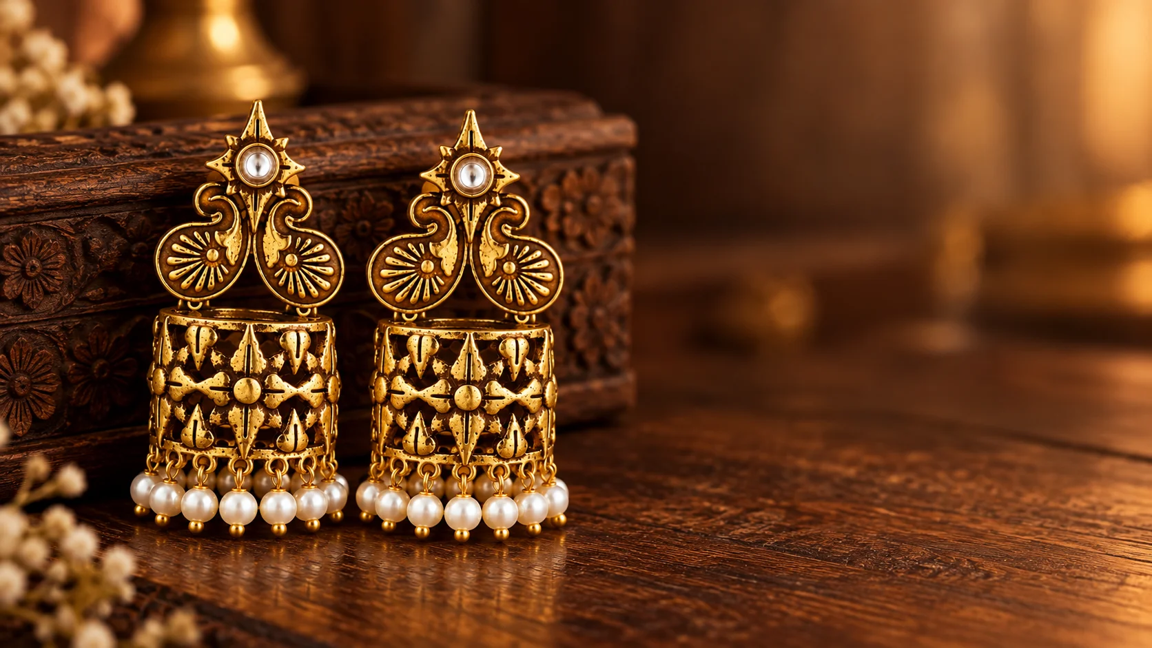 Ornate antique-gold jhumka earrings with floral scrollwork and ivory pearl-like drops displayed against a carved dark wooden background, illustrating traditional Indian jewellery styling.